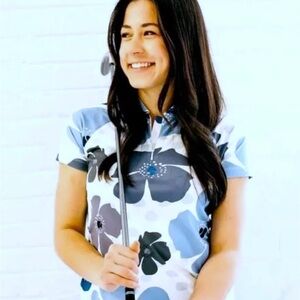 NWT SWANNIES Maria Golf Polo Shirt Sz Med White Blue Floral Tennis Pickleball